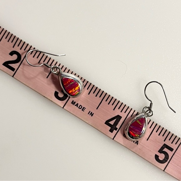 Vintage 950 Fine Sterling Silver Red Simulated Opal Teardrop Fishhook Earrings - Picture 6 of 14
